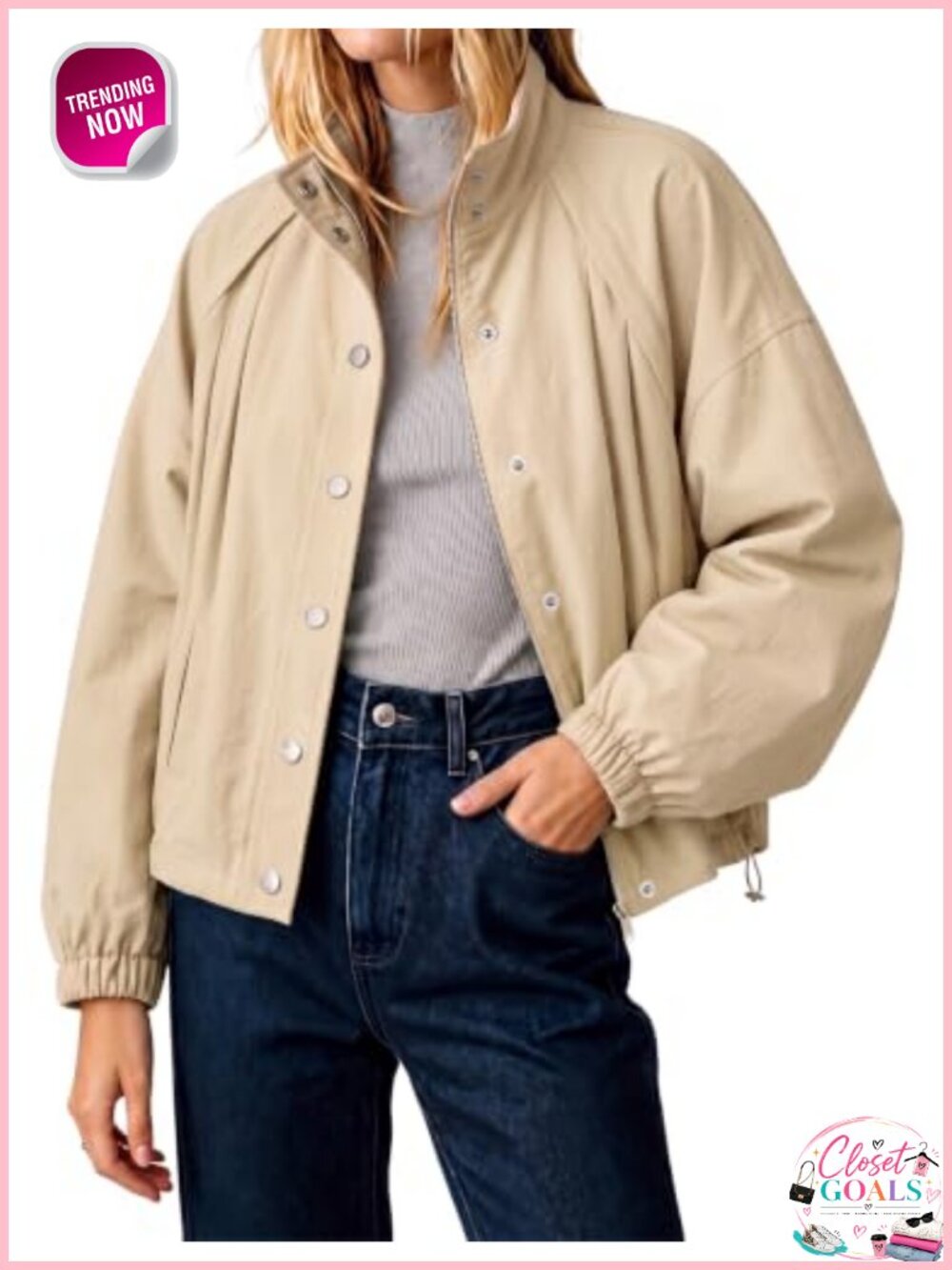 Womens Cropped Bomber Jacket Button Down Stand Collar Loose Fit Fall Coat